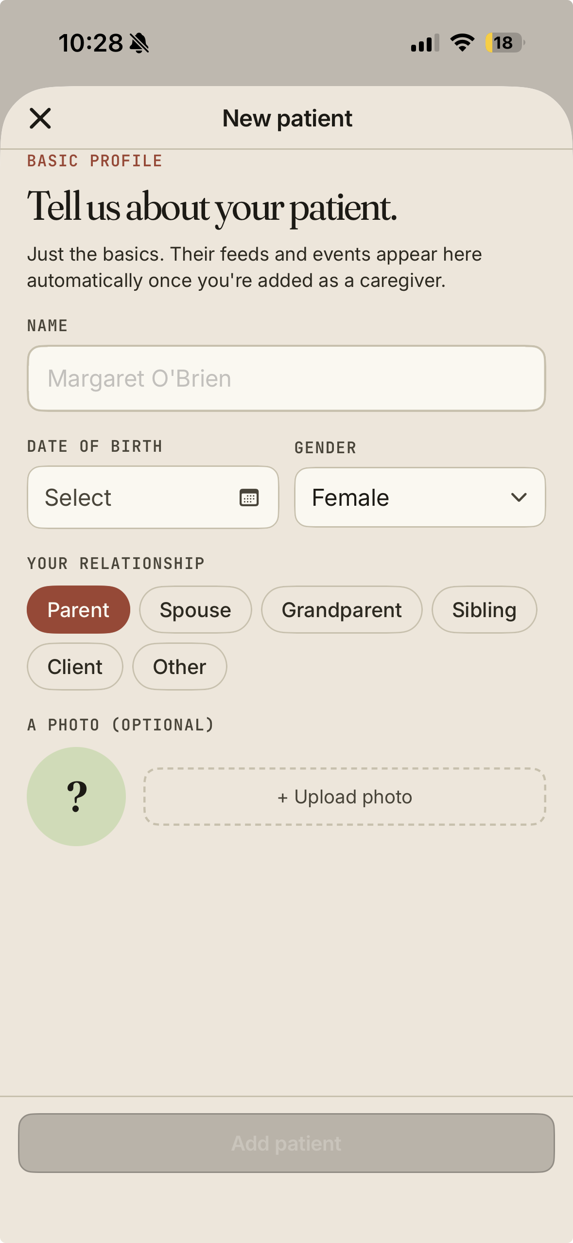 New patient profile form