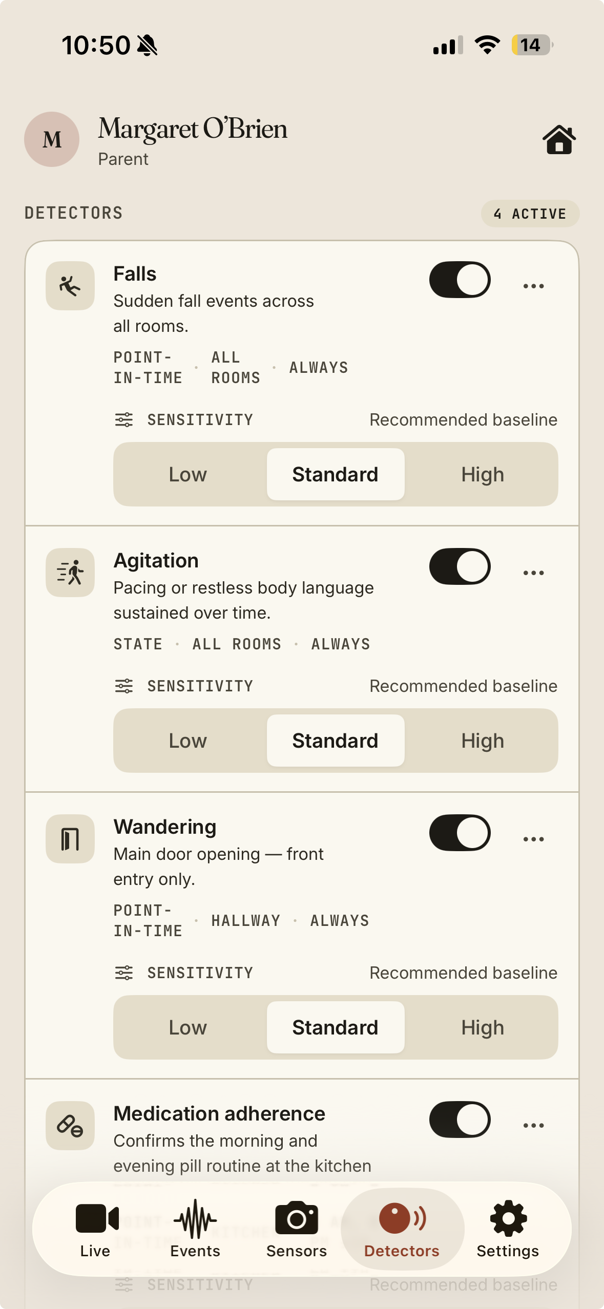 Detectors list with sensitivity controls