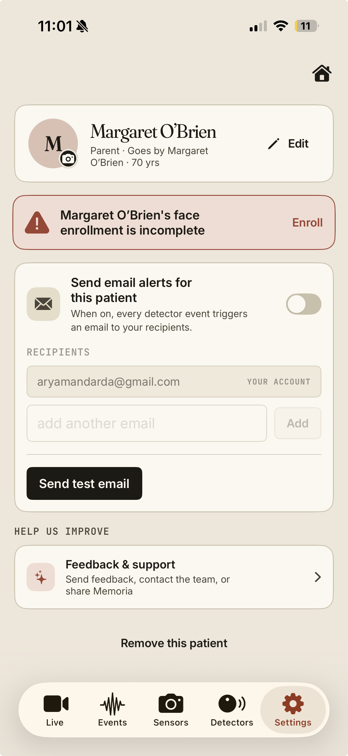 Patient settings — profile, enrollment, email alerts