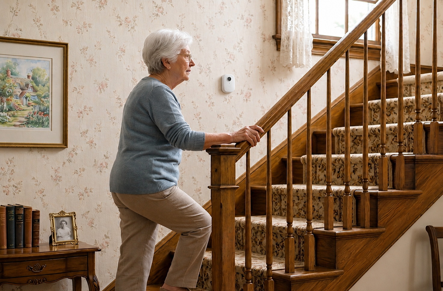 An older woman steadies herself on the banister as she climbs the carpeted stairs of her home; a small Memoria sensor sits on the wall beside her.